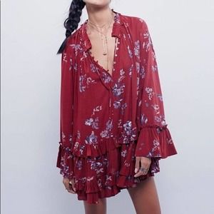 Free People Clover Field Floral Print Tunic Red Size Small